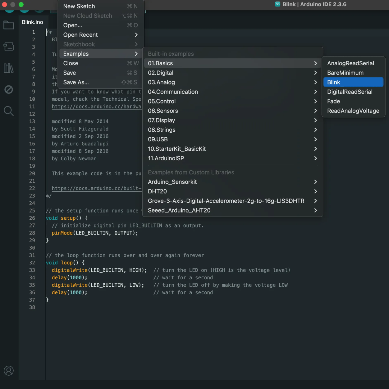 Step 3: 

      In the Arduino application I went to File, Examples, Basics, and then Blink, to load the sample code.